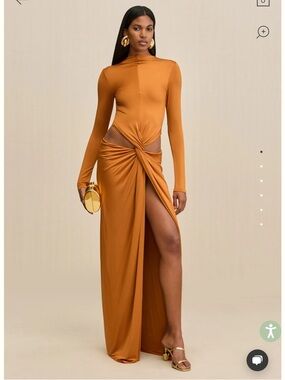 cult gaia keri orange bronze long sleeve draped cutout maxi gown dress size XL